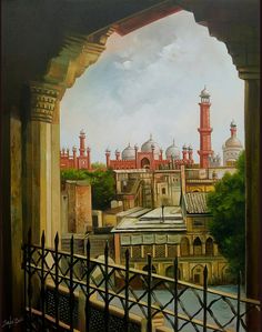 an oil painting of a cityscape with tall buildings and minarets in the background