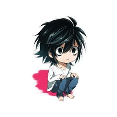 an anime character with black hair sitting on the ground