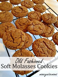 old fashioned soft molasses cookies cooling on a rack with the words old fashioned soft molasses cookies