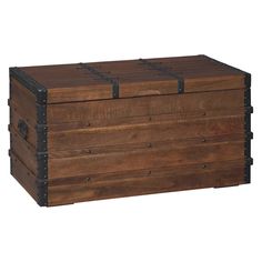 a large wooden box with metal straps on the top and bottom, sitting against a white background