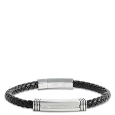 Bring your on trend style to daily wear with a braided leather bracelet. ID plate, accented with diamonds, and clasp portion are in stainless steel. Lose A Stone, Braided Leather Bracelet, Jewelry Cleaner, Braided Leather, Cleaning Jewelry, Leather Jewelry, Cut And Color, Gemstone Colors, Diamond Shapes