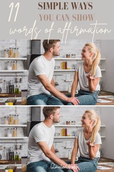 a man and woman sitting on the floor talking to each other with text overlaying them