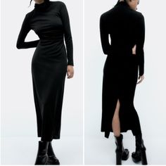 Brand New With Tags! Size S Or M Zara Black Maxi Dress For Fall, Black Maxi Dress With Side Slits For Fall, Black Ruched Winter Dress, Zara Black Ruched Midi Dress, Zara Black Stretch Maxi Dress, Zara Ribbed Dress, Pink Pleated Dress, Ribbed Bodycon Midi Dress, Zara Midi Dress