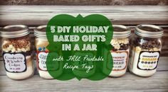 five jars filled with food and the words 5 holiday baked gifts in a jar