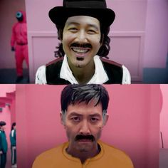 three different images of men with mustaches and hats in the same photo, one has a fake moustache on his face