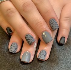 Loving these matte grey and black leopard print nails with a little bling! #101customnails #nails #leopardprintnails #nailsoftheday #naileditdaily #greynails #blacknails Grey Nails With Leopard Print, Short Nail Designs Leopard Print, Nails 2023 Trends Leopard, Grey And Black Cheetah Nails, Black And Grey Cheetah Nails, Black And Grey Gel Nails, Black Matte Cheetah Nails, How To Leopard Print Nails, Grey Leopard Print Nails