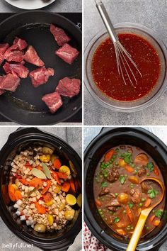 four pictures showing the steps in how to make beef stew