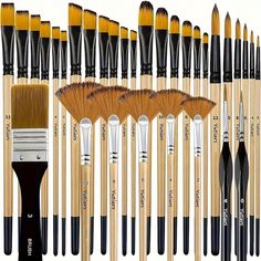 an assortment of makeup brushes in various sizes and colors, all lined up with the names of each brush