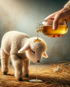 a baby sheep is being fed from a bottle