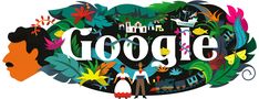 the words google are surrounded by images of people and animals, including horses, flowers, trees, and buildings