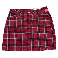 Nwt Arizona Jean Company Juniors Grunge Red Plaid Tartan Denim Mini Skirt Size 9. Red & Black Plaid Tartan. Belt Loops. Front & Back Pockets. Zipper Fly With Button Closure. Mini Length. Fits The 2014 Tumblr & Grunge Aesthetic. As Seen On Youtuber Alexasunshine83. Has The Original Tag Attached. No Flaws To Note. Comes From A Clean And Smoke Free Home! Size: 9 Juniors. Approx Flat Lay Measurements: Waist: 14.5”. (No Stretch) Hips: 20”. Length: 17” (Waist To Hem) Trendy Plaid Cotton Skort, Y2k Cotton Mini Skirt For Fall, Casual Plaid Cotton Mini Skirt, Plaid Cotton Mini Skirt Skort, Plaid Cotton Mini Skort, Trendy Cotton Skirt For School, Plaid Cotton Skort For Fall, Trendy Cotton Skort For School, Red Fitted Y2k Bottoms