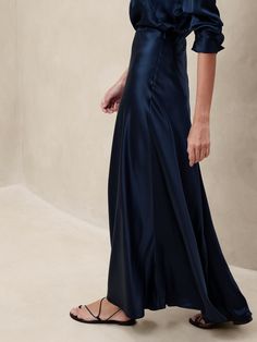 Serenade Silk Maxi Skirt | Banana Republic Navy Blue Monochromatic Outfit, Long Taffeta Skirt, Silk Maxi Skirt Outfit, Blue Monochromatic Outfit, Navy Silk Skirt, Blue Satin Skirt, Semi Formal Wedding Attire, Slip Skirt Outfit, Silk Skirt Outfit