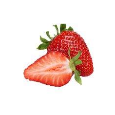 two strawberries with green leaves on top and one red strawberry in the middle, against a white background