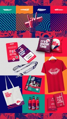 an assortment of items that include t - shirts and bags