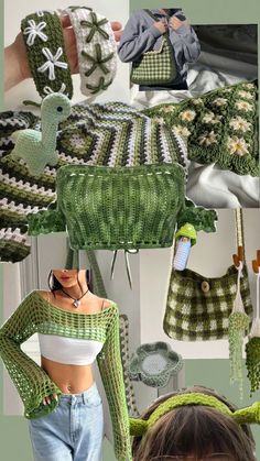 a collage of crocheted hats, sweaters and purses for women