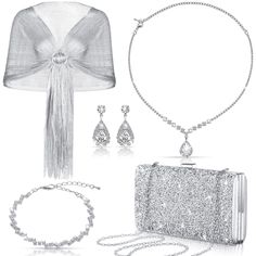 PRICES MAY VARY. Rhinestone Jewelry Sets: package includes 1 pcs rhinestone necklace, 1 pcs rhinestone purses for women, 1 pcs rhinestone bracelet, 1 pair of crystal dangle earrings, 1 pcs of formal shawl for evening dresses, totally 5 pcs; Which can satisfy your decorative needs at weddings, parties, evening nights Metallic Evening Shawl Silver Jewelry Set: the rhinestone necklace, silver clutch purses, evening bracelets, rhinestone earrings are embellished with glitter rhinestones, the shawl c Shawls And Wraps Formal, Formal Clutch Purse, Formal Shawl, Women Evening Dresses, Silver Clutch Purse, Rhinestone Purse, Formal Clutch, Glitter Purse, Prom Necklaces