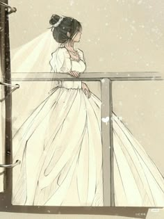 a drawing of a woman in a wedding dress standing on a balcony looking out at the snow