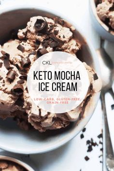 keto mocha ice cream in two bowls with chocolate chips and oreo chunks