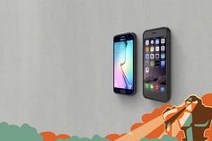 two cell phones hanging on the wall next to each other with an orange and blue background