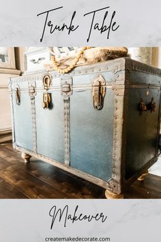 an old trunk table with the words makeover written on it in black and white