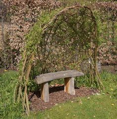 a wooden bench sitting under a trellis next to a lush green field and shrubbery