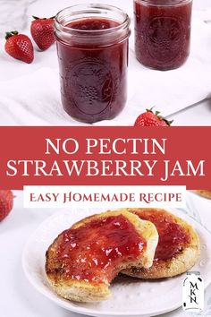 no pectin strawberry jam in jars on a white plate