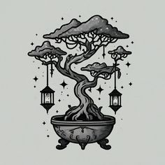 a drawing of a bonsai tree in a bowl with lanterns hanging from the ceiling