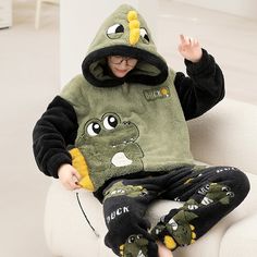 Winter Couples Pajama Sets Women Men Hooded Sleepwear Winter Soft Warm Pyjamas Cartoon Dinosaur Men Pajamas, Fleece Men, Unisex Pajamas, Warm Pajamas, Couple Pajamas, Pajama Suit, Chic Shirts, Flared Sleeves Top, Cartoon Man