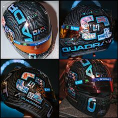 four different views of a motorcycle helmet with stickers on it