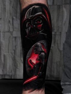 a man's leg with a star wars tattoo on it and a darth vader