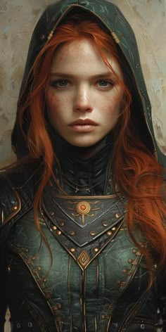 a woman with long red hair wearing armor