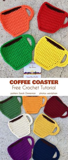 crocheted coffee mug cozyies with the text, coffee coaster free crochet pattern