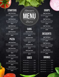 a menu for a restaurant with vegetables on it