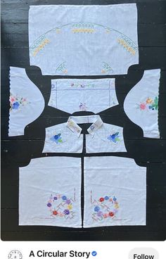 four pieces of white linen with embroidered designs on them