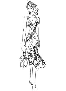 a drawing of a woman in a dress with flowers on her head and purses