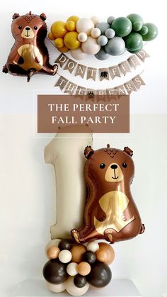 balloon animals and balloons are on display in front of a white wall with the words, the perfect fall party