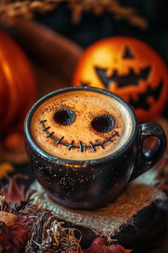 a cup of coffee decorated like a jack - o'- lantern sits in front of pumpkins