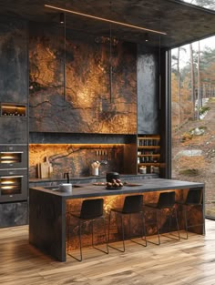 a modern kitchen with an island countertop and black marble cabinets, along with two stools