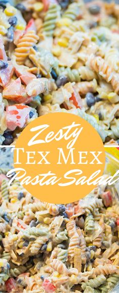 a close up of a bowl of food with the words zesty tex mex pasta salad