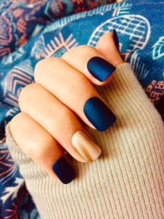 Copper And Blue Nails, Navy Matte Nails Design, Navy And Gold Nail Ideas, Navy Themed Nails, Matte Blue And Gold Nails, Matte Blue Nails Design, Navy And Copper Nails, Blue And Gold Nails Short, Navy Matte Nails