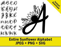 the letters and numbers are drawn in black ink with sunflowers, leaves and flowers