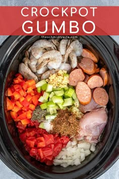 the crockpot is filled with meat, vegetables and seasonings to make this meal