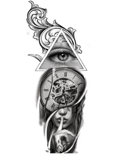 a woman's face with an all seeing eye and clock