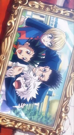 an image of anime characters in front of a mirror with the frame hanging on it