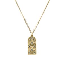 This intricately designed 14k gold pendant holds a total of 9 diamonds surrounded by delicately carved accents and hangs from a 20" cable chain.  Stones: 9 round accent diamondsMetal: 14k gold Chain type: 20" cable chainPendant size: 15mm x 7.5mm This necklace is made to order. Please allow 6-8 weeks for the creation o Cable Chain, Gold Pendant, Gold Chain, Gold Chains, The Creation, Cable, Sterling Silver