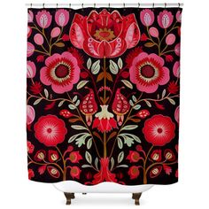 a red and black shower curtain with pink flowers on the bottom, in front of a white background