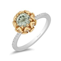 Disney Tiana Inspired Diamond and Round Green Amethyst Ring in Sterling Silver and 10K Yellow Gold 1/8 CTTW | Enchanted Disney Fine Jewelry Dragon Ring Engagement, Green Amethyst Engagement Ring, Cinderella Ring, Disney Tiana, Enchanted Disney, Enchanted Disney Fine Jewelry, Lotus Ring, Signature Necklace, Green Amethyst Ring