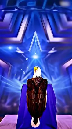 an eagle sitting on top of a blue blanket in front of a star shaped background