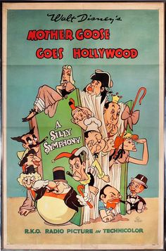 an old movie poster with cartoon characters on it's back cover and the title mother goose goes hollywood