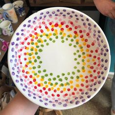 a person holding a plate with colorful dots painted on the inside and outside of it